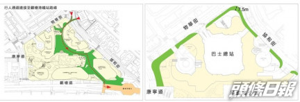 觀塘市中心項目設有蓋行人走廊連接港鐵站(左圖),地面建築物亦會從周邊的道路向後移,騰出空間作較寬闊的行人道(右圖、綠色範圍)。韋志誠網誌