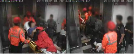 荔枝角站
時序15)凌晨1時39分,警員及救護人員經荔枝角站車站升降機運送第二及三名傷者離開。 港鐵提供