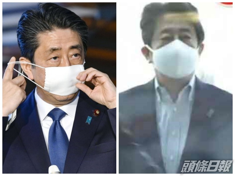 安倍終換掉小尺寸口罩(左)戴上可包覆到下巴的福島製口罩(右)。AP/網圖