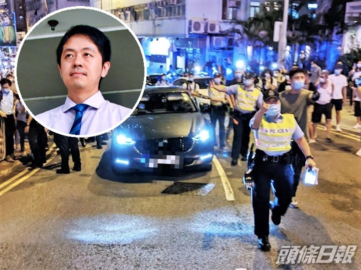 許智峯(小圖)稱被汽車跟蹤及撞傷腳。西環變幻時圖片