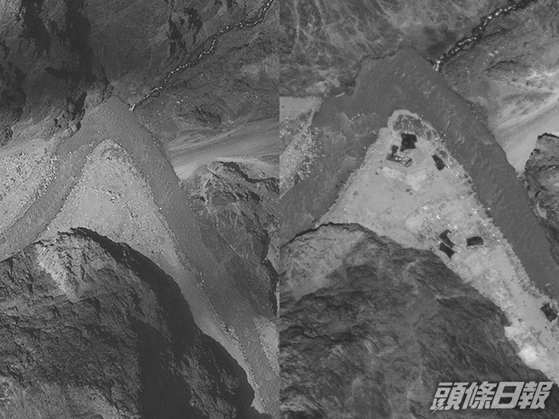 衛星圖像對比顯示,6月15日後,拍下對峙點有數十輛偽裝車輛部署。(右)7月6日的衛星圖像可看解放軍的臨時建築已拆除。(左) AP