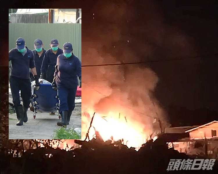 田心新村前年發鐵皮屋奪命縱火案,小圖為死者被抬出。 資料圖片