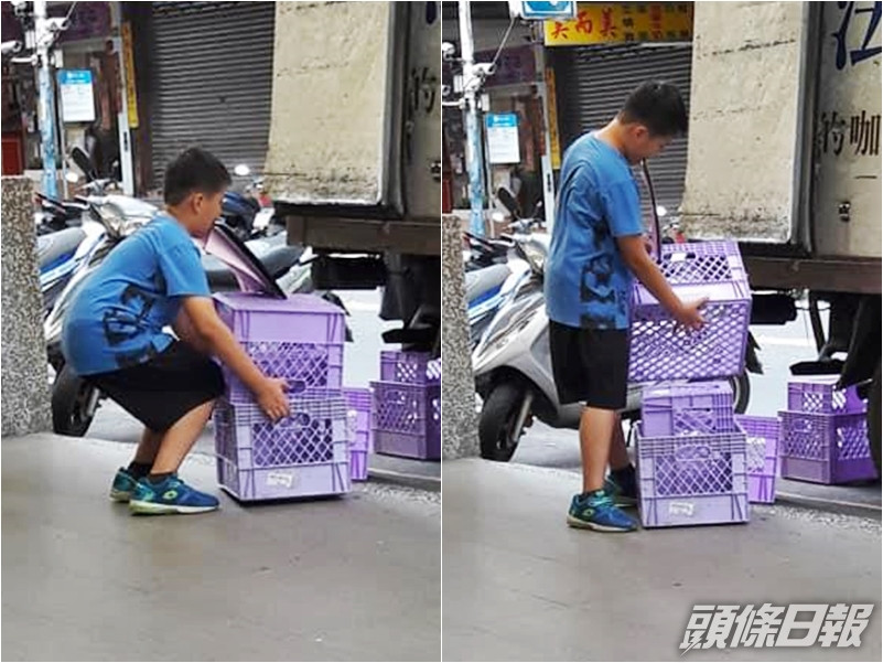 日前有台灣網民在超市外發現一名男童正在幫父親整理貨籃。網圖