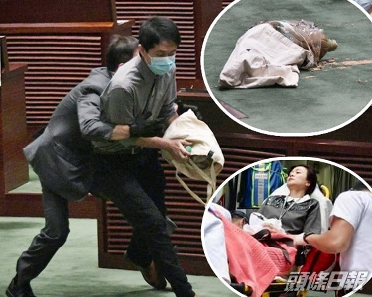 許智峯(左二)在議事廳內疑投擲惡臭腐爛植物。下小圖為陳凱欣不適送院(網圖)。
