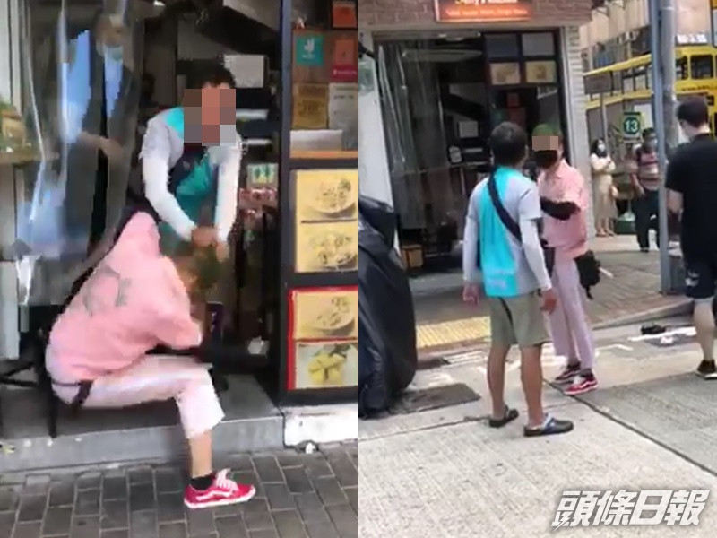 兩外賣員扯髮揮拳互毆。影片截圖