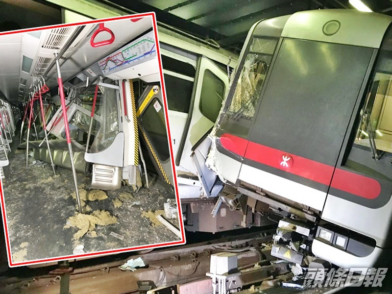 兩列列車去年3月在中環站附近相撞,車廂損毀嚴重。資料圖片
