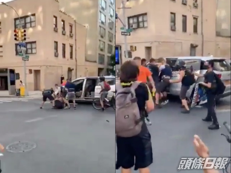 一批便衣人員在曼克頓市中心街上拘捕一名女子,強行把她推上車。網圖