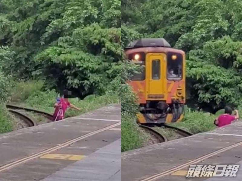 該名婦人擅闖台鐵路軌自拍,險被列車撞到。網圖
