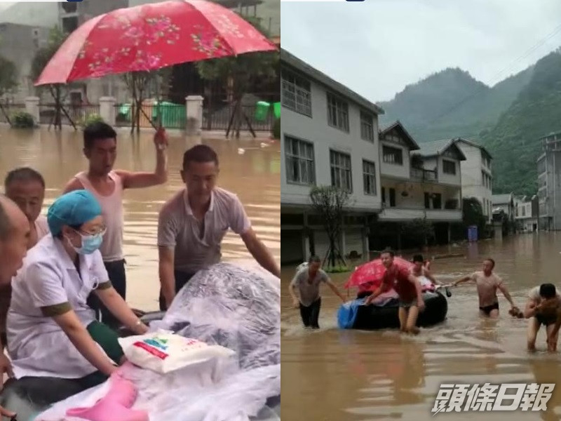 警民攜手用輪胎製成簡易皮筏,趟水推筏送產婦就醫。網圖