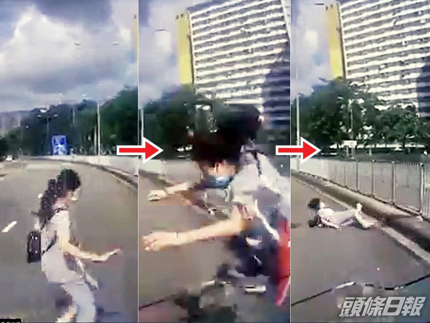 女子橫過馬路時,意外被一輛輕型客貨車撞倒。網民Gary Tam 影片截圖