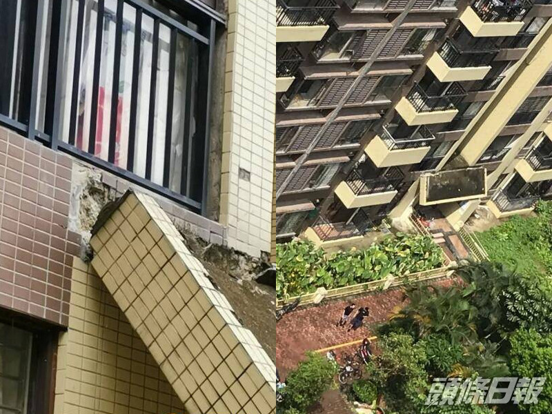東莞一住宅樓宇發生水泥簷篷斷裂事故。(網圖)