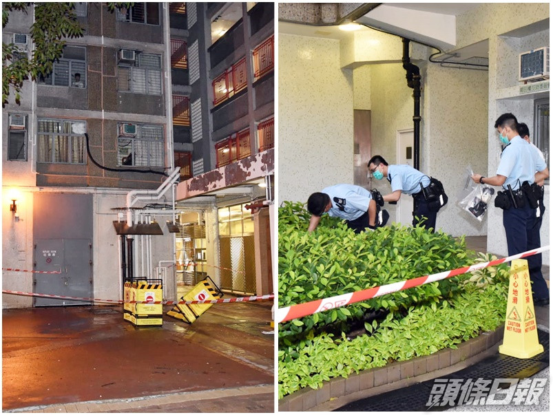 順天邨事發現場(左);警方到沙田坳邨調查(右)。