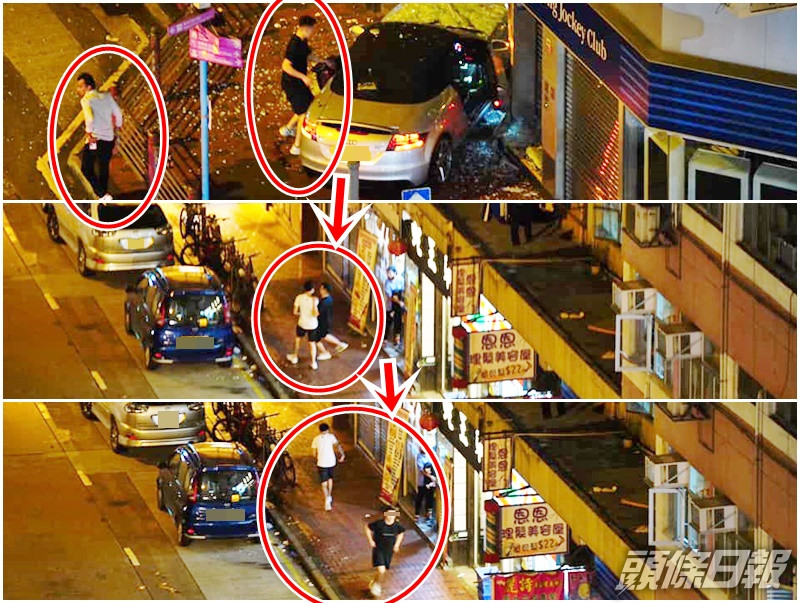 奧迪上兩名分別穿白衣及黑衣的男子棄車沿上海街逃離現場。fb「馬路的事討論區」Hodge Lau圖片