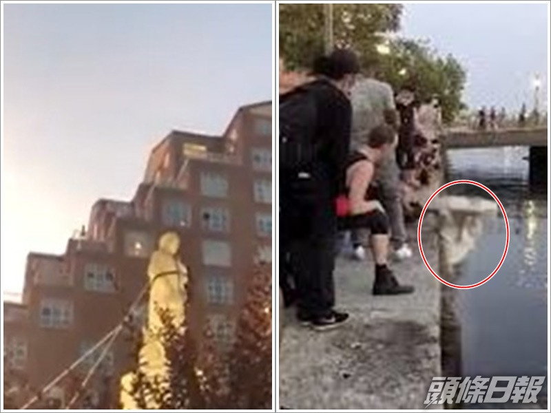 雕像被推倒後扔落巴爾的摩內港。網圖