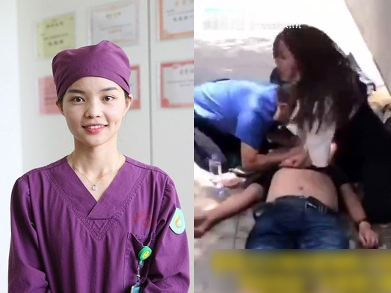 廣州女護士跪地心肺復甦救人,網民大讚人美心善。(網圖)