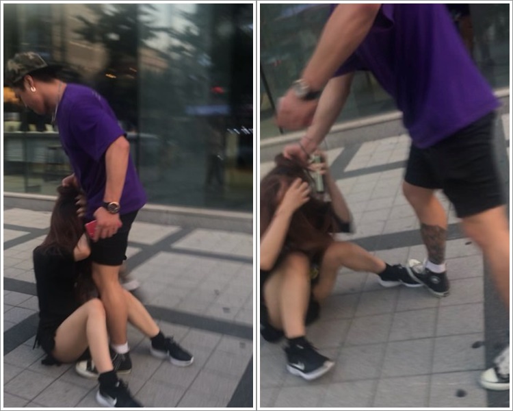 網上相片可見韓男扯住日女的頭髮。twitter