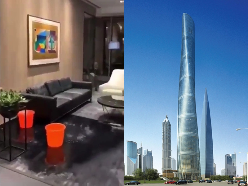 上海中心大廈內部出現嚴重漏水。 網圖