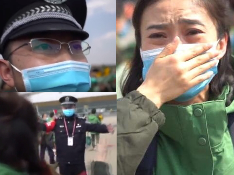 警醫夫妻分開40天後重聚「隔空擁抱」,警員高喊一聲「老婆我愛你」,妻子感動落淚說:「往後餘生平淡是你,榮華是你,都是你。」(網圖)