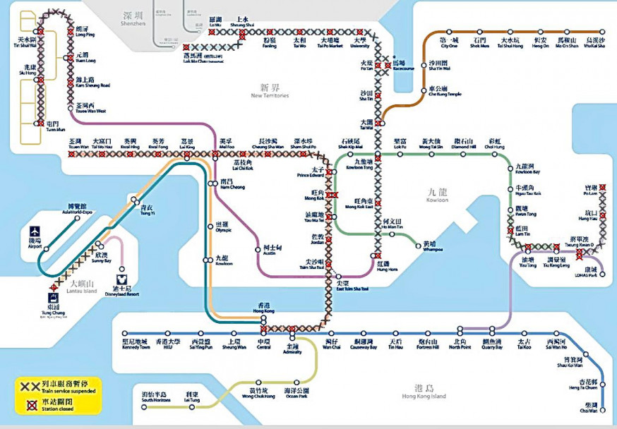 港鐵停駛路線圖。