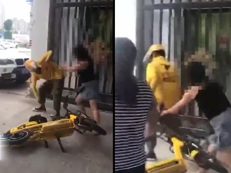 黃衫的外賣員慘被女食客追打。(網圖)