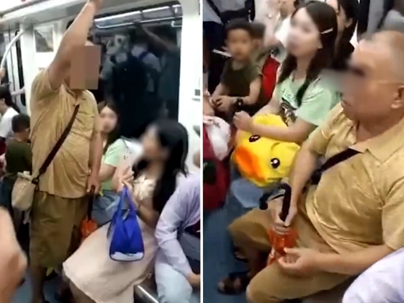 湖南一名老翁搭地鐵時,因找不到座位,便強迫女子將讓座給自己。影片截圖