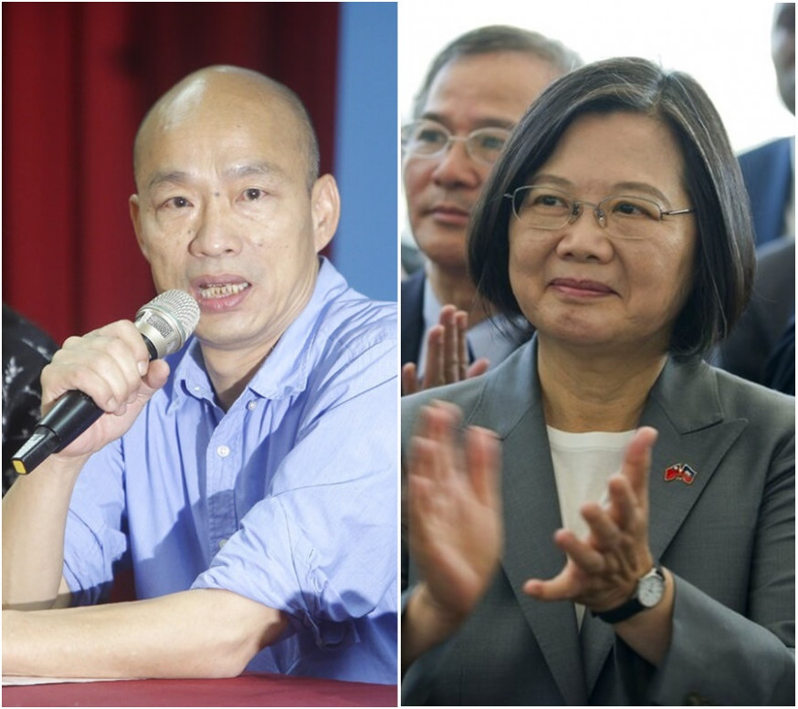 韓國瑜出戰總統選舉;蔡英文表明全力爭取勝利。AP圖片