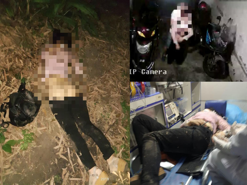 桑菊被發現時衣衫不整,財物盡失(左)。鏡頭拍下桑菊被一名男子拖走(右上)。(網圖)