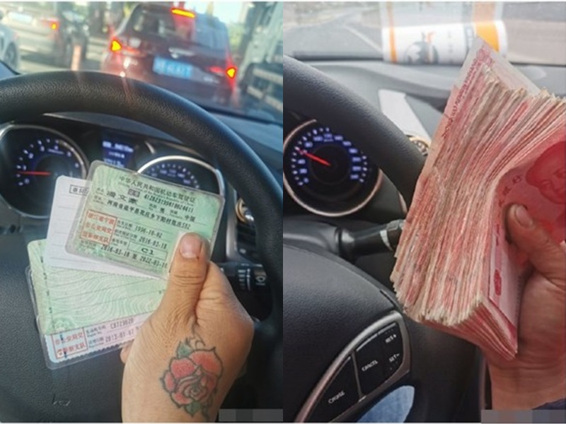 男子手持一疊百元人民幣和駕駛證照片,暗示用錢解決酒後駕駛。網圖