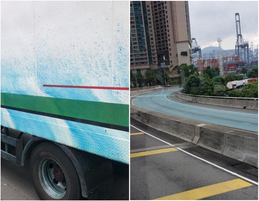 青衣馬路染青藍色,多輛途徑汽車沾上色。WeCar圖片
