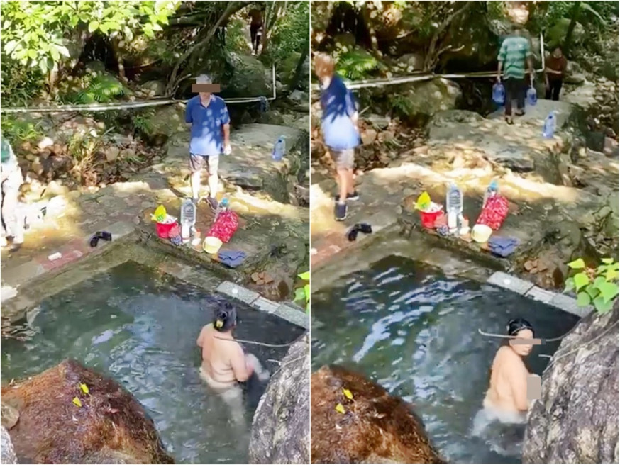 有網民拍到水泉澳有大媽在山澗浸浴。FB香港行山路綫及資訊谷群組Billy Lau影片截圖