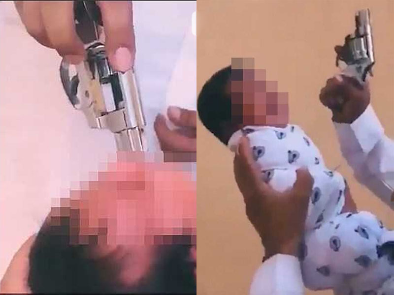 一名男子將射擊後的手槍直接塞進嬰兒的嘴裏,讓其聞火藥味。事後,男子被逮捕,並受到相應指控。(網圖)