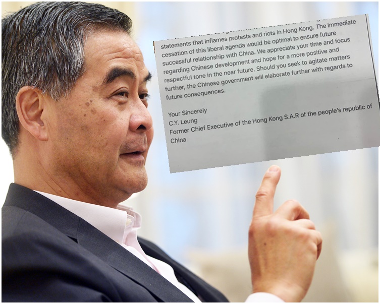 梁振英在FB貼出一封下款是其英文名簡稱「C.Y. Leung」的信件(小圖)。梁振英FB圖片