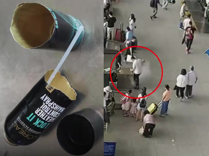 在江蘇南京南站北安檢處,女乘客被查出帶的噴髮膠超量,同行的男子竟一腳將噴髮膠罐踩爆,碎片飛出好幾米遠。(網圖)