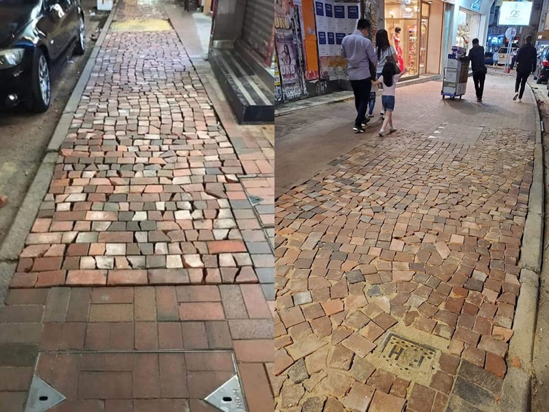 尖沙嘴行人路磚碎補路,不規則鋪法被讚有歐陸風。fb「喜劇演員」及Kit Tam圖片