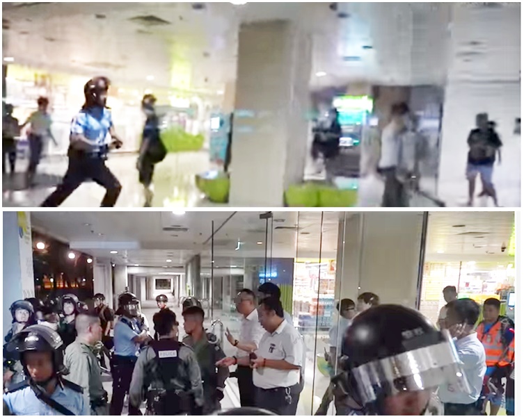 警方追捕商場至入口時(上),遭在場保安員阻止進入(下)。FB「香港大學學生會校園電視」截圖