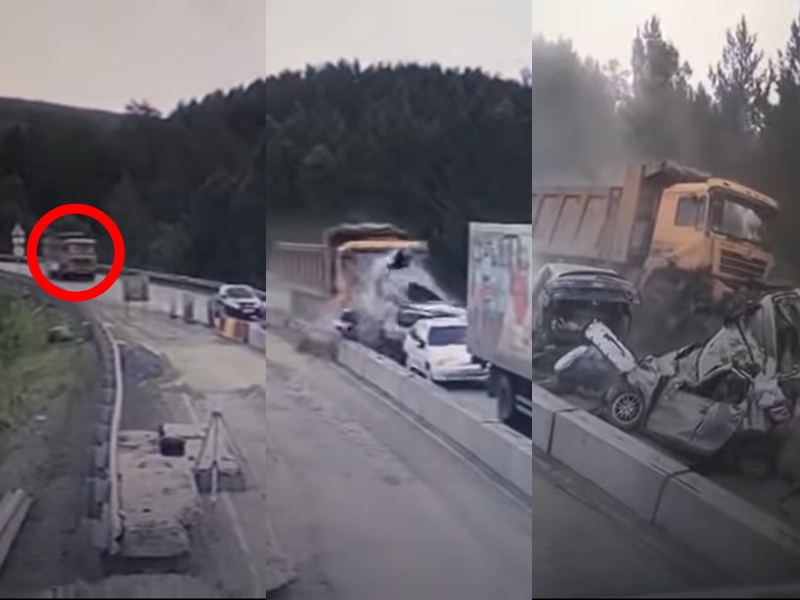一輛斗車突然失控,高速撞向前方多架車輛。 影片截圖
