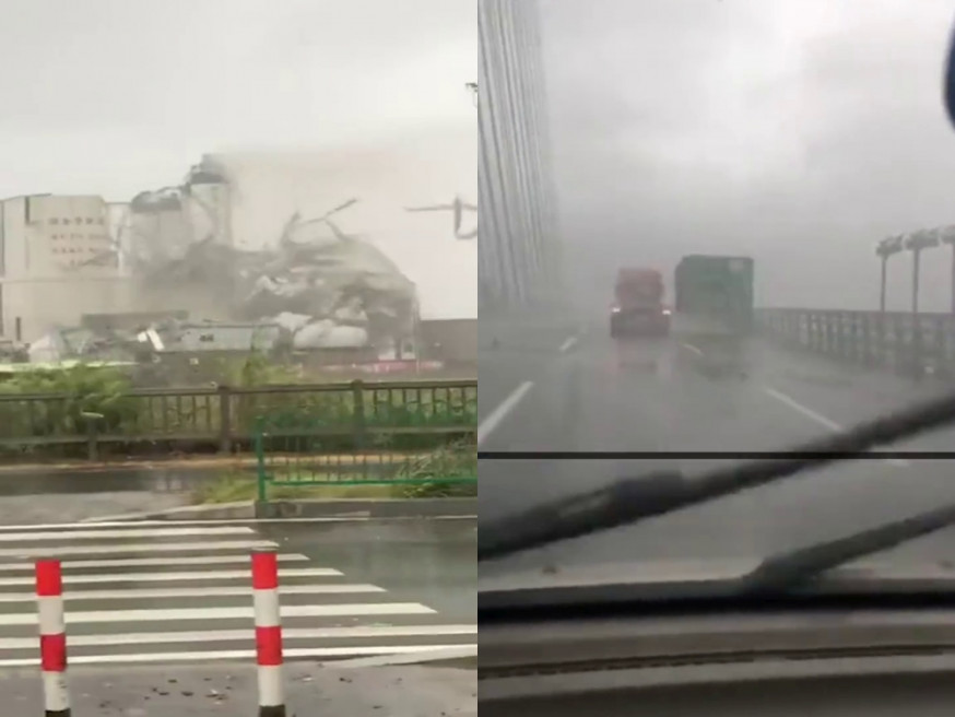 颱風米克拉登陸福建造成破壞,刮倒廠房貨櫃被吹落。(網圖)