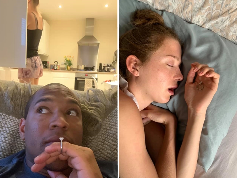 英國一名男子計劃向女友求婚,經常偷偷拿出來跟女友合照,不過持續一了個月女友都居然沒有發覺。 Edi Okoro FB圖片