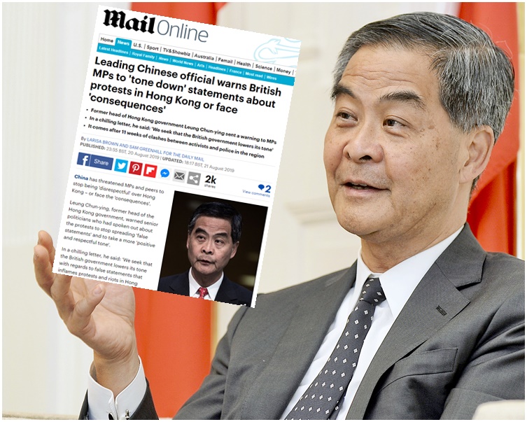 梁振英澄清,他沒有向任何英國國會議員發信。小圖為《每日郵報》截圖。