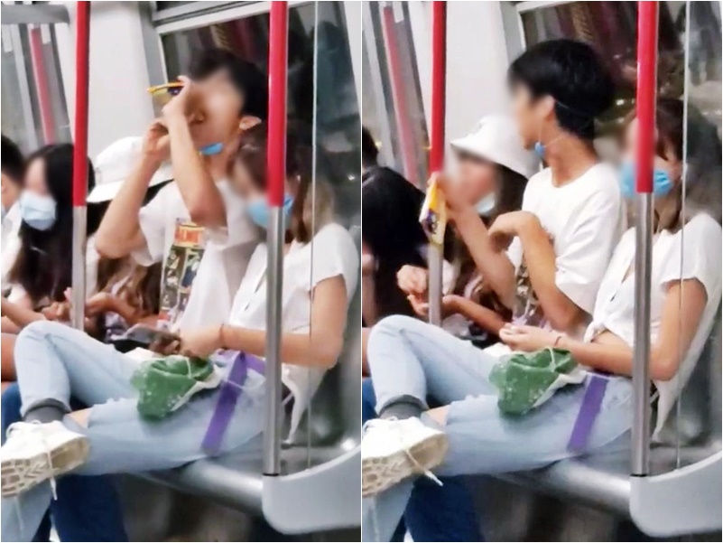 網上影片可見3名年輕男女在車廂內進食。影片截圖