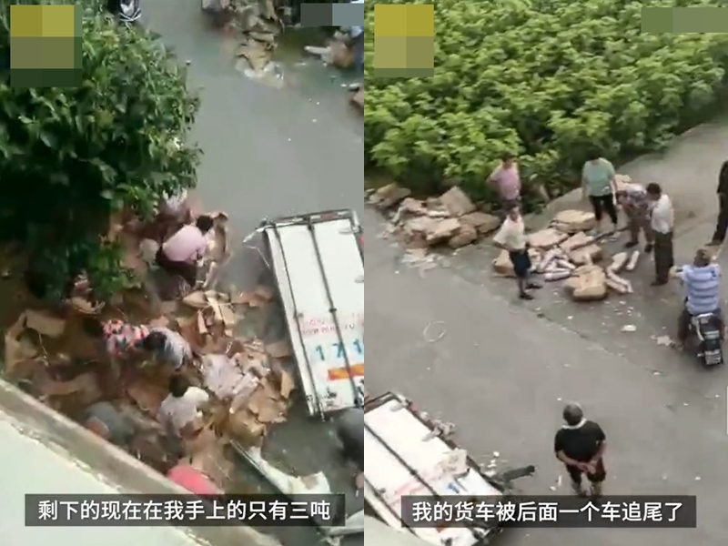 貨車司哭訴「散落的豬肉被當地百姓哄搶,10噸貨只剩下了3噸」。 影片截圖