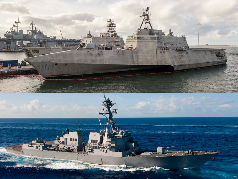 「吉福茲號」戰鬥艦(上)和「韋恩邁耶」號驅逐艦(下),在星期三及星期四的兩次行動中,先後駛入南海。(網圖)