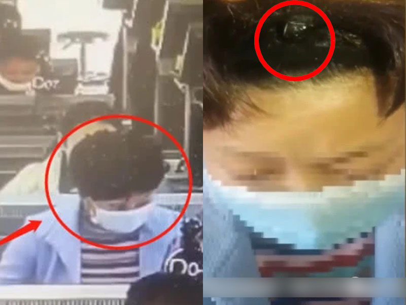 重慶大媽駕駛筆試頭冒藍光,被揭發以高科技假髮作弊。(網圖)