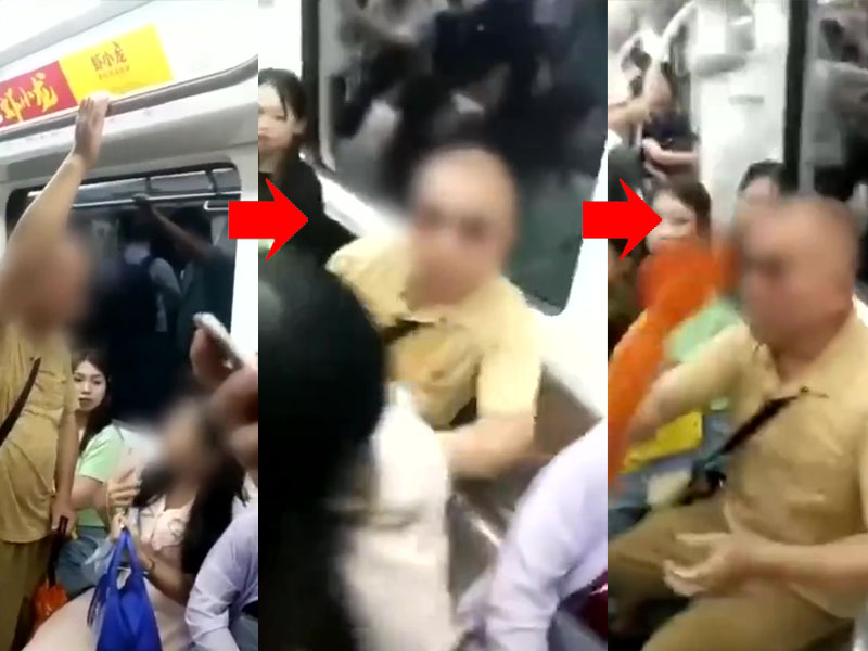 一名老漢要求年輕女乘客讓座,並強行將女孩從座位上擠開,更揮動雨傘做出要打人的動作。(網圖)