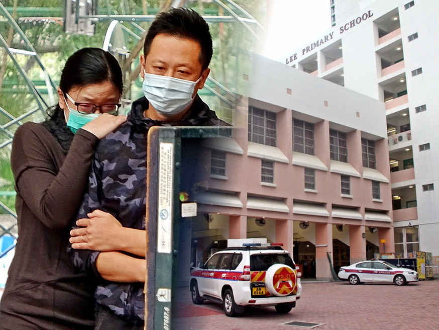 死者3名弟妹先後趕抵學校,目睹胞姐遺體哭成淚人。梁國峰攝