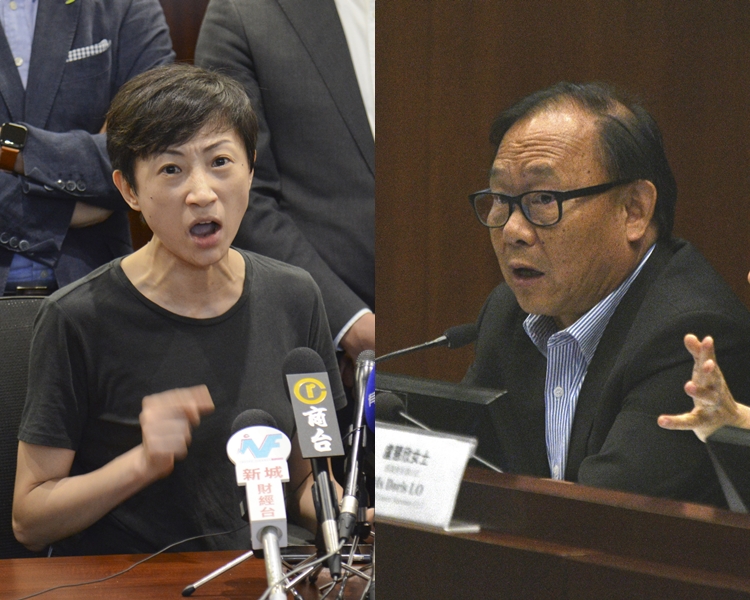 陳淑莊(左)斥梁志祥(右)不知禁蒙面法已生效「簡直係奇蹟!」。 資料圖片