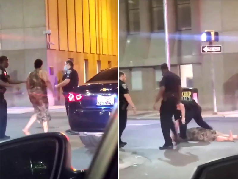 女示威者掌摑警員後(左圖), 遭另一名警察一拳擊倒在地(右圖)。(網圖)